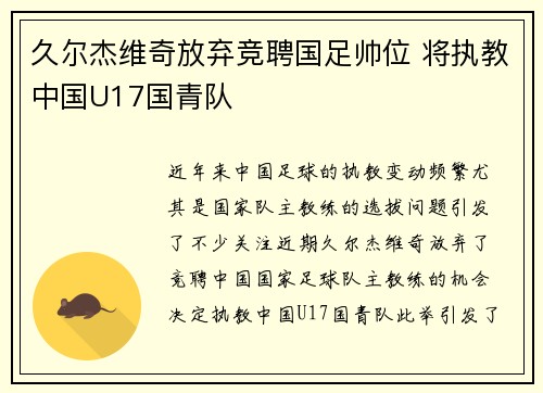 久尔杰维奇放弃竞聘国足帅位 将执教中国U17国青队