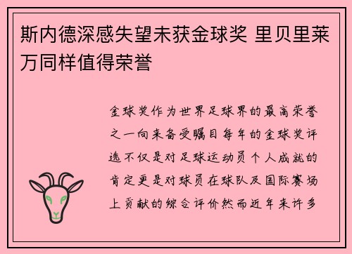斯内德深感失望未获金球奖 里贝里莱万同样值得荣誉